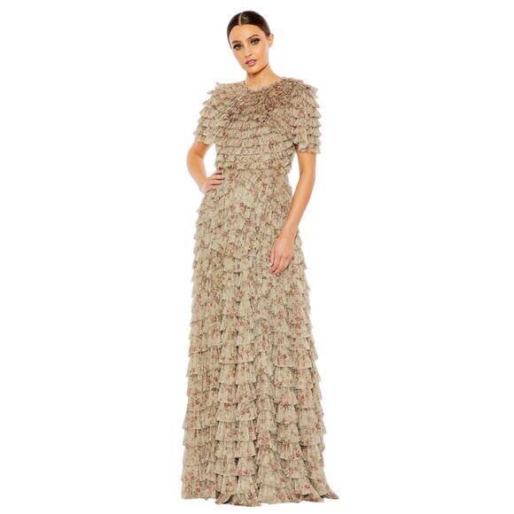 Mac Duggal NWT Ruffle Tiered Short Sleeve A-Line Gown in Ecru Multi Size 18 - Picture 1 of 8